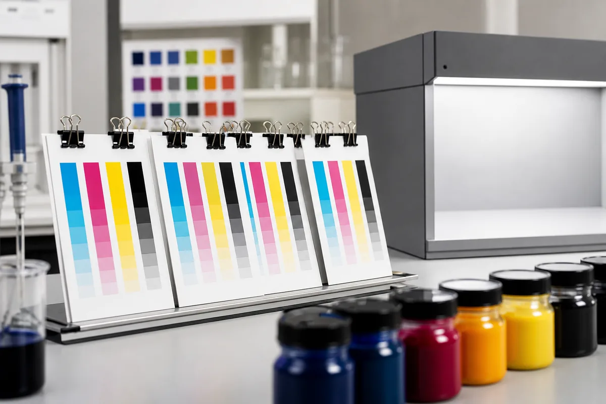 Illustrative batch drawdown comparison cards for cyan magenta yellow and black pigment dispersions