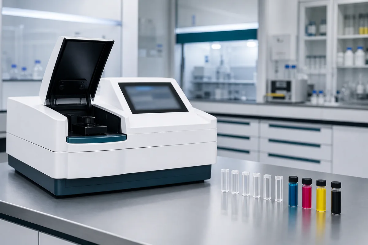 Illustrative UV-Vis spectrophotometer with cuvettes and aqueous pigment-dispersion samples