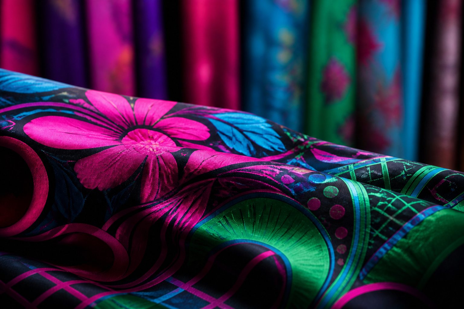 Vivid digitally printed finished textile showing magenta, cyan, emerald green and black colour detail
